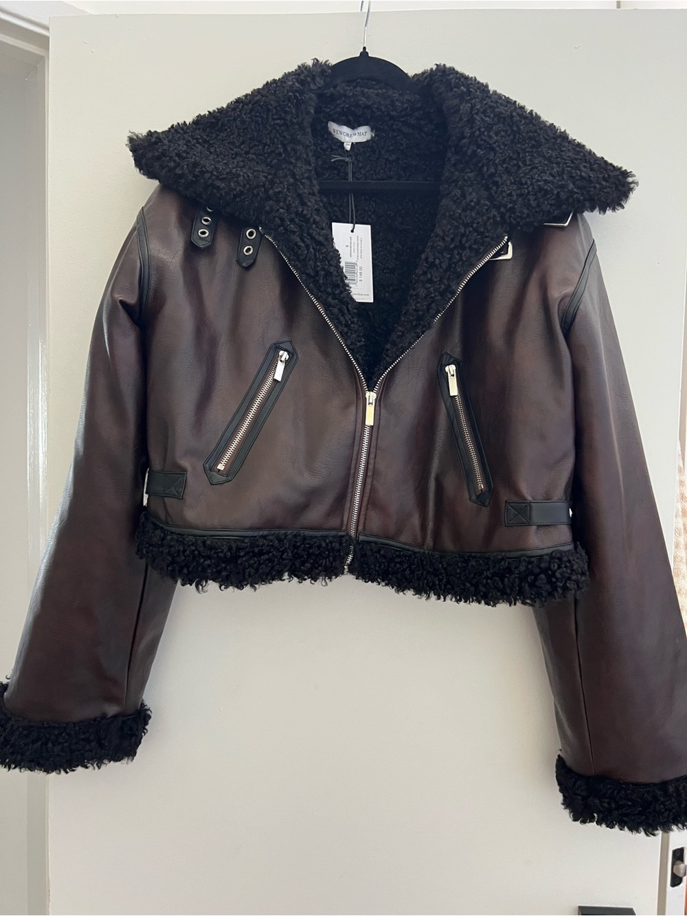 WeWoreWhat Brown Faux Leather Shearling Moto Jacket NWT S